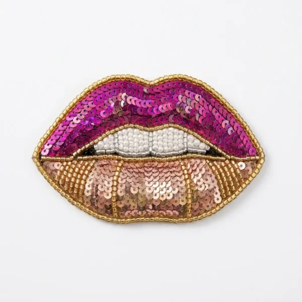 Pink lips sequin and hand beaded patch with fuchsia sequins, rose gold detailing, pearl white teeth and metallic gold bead border.