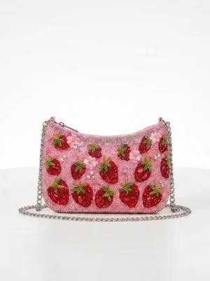 Pink Strawberry Hand Beaded Crossbody Bag with Chain Strap Pink hand beaded crossbody bag with strawberry motifs and silver chain strap