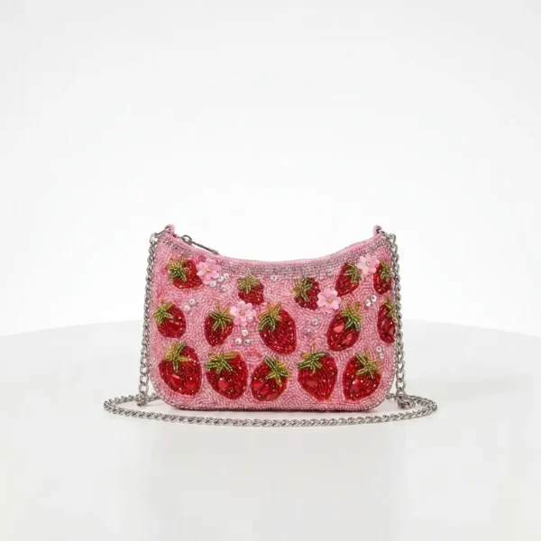 Pink Strawberry Hand Beaded Crossbody Bag with Chain Strap Pink hand beaded crossbody bag with strawberry motifs and silver chain strap