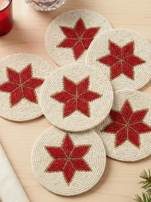 Red Star Christmas Hand Beaded Coasters Red and ivory Christmas hand beaded coasters with six-point star design