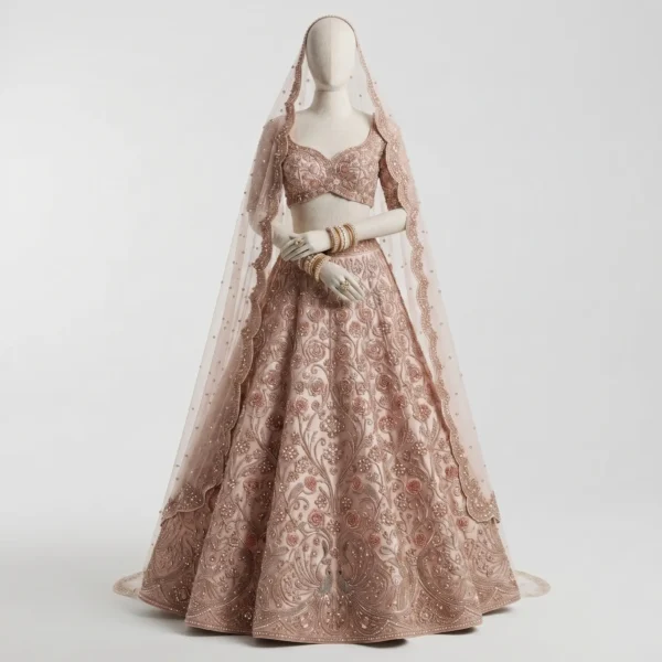 Rose Gold Floral Hand Beaded Bridal Lehenga Rose Gold Floral Hand Beaded Bridal Lehenga with Pearl & Sequin Embellishments
