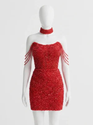 Ruby Red Hand Beaded Cocktail Dress Ruby Red Hand Beaded Cocktail Dress with Crystal Embellishments & Shoulder Drapes