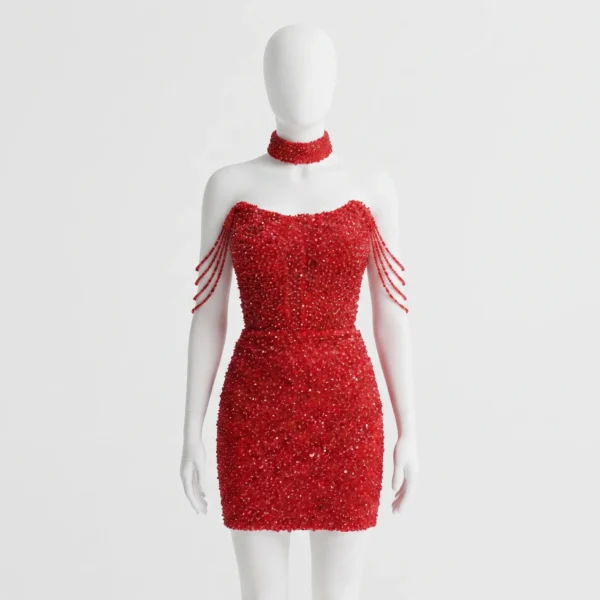 Ruby Red Hand Beaded Cocktail Dress with Crystal Embellishments & Shoulder Drapes