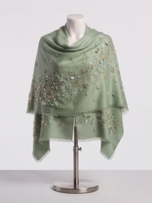 Sage Green Hand Beaded Floral Cashmere Shawl Wrap Manufacturer & Exporter