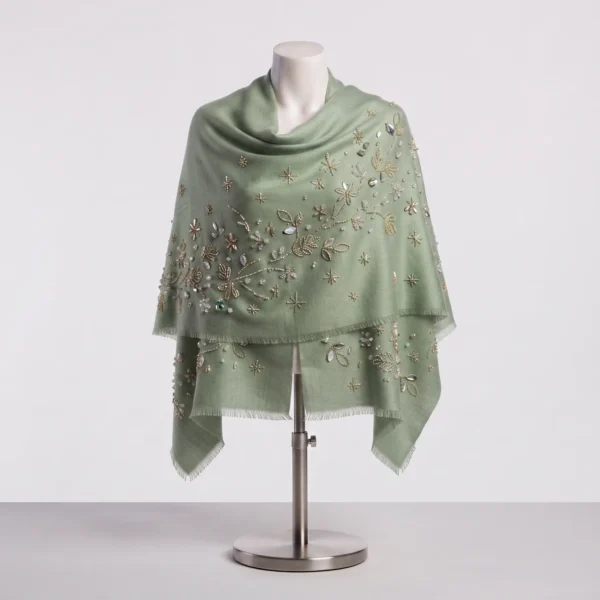 Sage Green Hand Beaded Floral Cashmere Shawl Wrap Sage Green Hand Beaded Floral Cashmere Shawl Wrap Manufacturer & Exporter