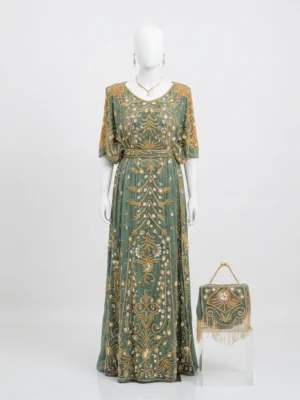 Sage Green Hand Beaded Somali Dirac Dress Sage Green Hand Beaded Somali Dirac Dress with Gold Embroidery & Crystal Embellishments