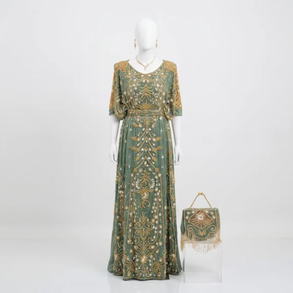 Sage Green Hand Beaded Somali Dirac Dress Sage Green Hand Beaded Somali Dirac Dress with Gold Embroidery & Crystal Embellishments