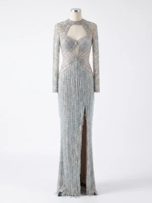 Silver Crystal Hand Beaded Evening Gown Silver Crystal Hand Beaded Evening Gown with Fringe Detailing