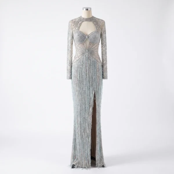 Silver Crystal Hand Beaded Evening Gown with Fringe Detailing