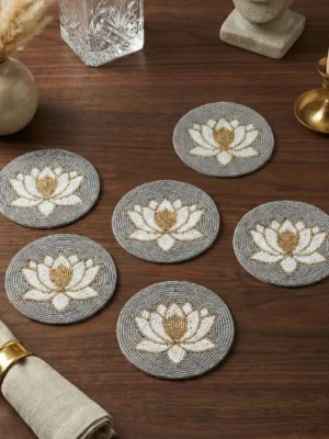 Silver, White & Gold Lotus Hand Beaded Coasters Silver hand beaded coasters with white and gold lotus flower design
