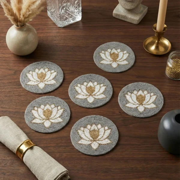 Silver, White & Gold Lotus Hand Beaded Coasters Silver hand beaded coasters with white and gold lotus flower design