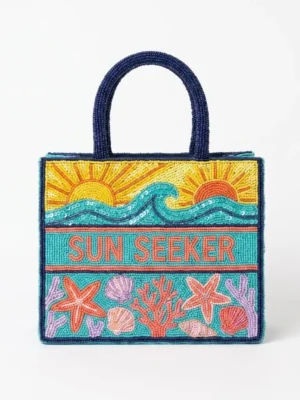 Sun Seeker Hand Beaded Beach Tote Bag with Ocean & Seashell Design Hand beaded Sun Seeker beach tote bag with ocean waves, suns, starfish, seashells and coral