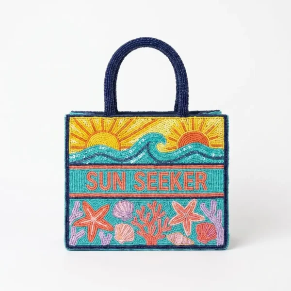Sun Seeker Hand Beaded Beach Tote Bag with Ocean & Seashell Design Hand beaded Sun Seeker beach tote bag with ocean waves, suns, starfish, seashells and coral