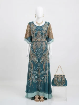 Teal Hand Beaded Somali Dirac Dress Teal Hand Beaded Somali Dirac Dress with Metallic Leaf Embroidery Manufacturer & Exporter