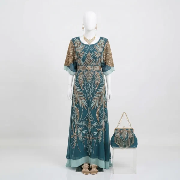 Teal Hand Beaded Somali Dirac Dress Teal Hand Beaded Somali Dirac Dress with Metallic Leaf Embroidery Manufacturer & Exporter