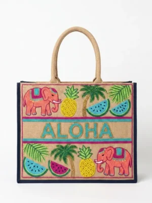 Tropical Hand Beaded ALOHA Tote Bag Tropical hand beaded tote bag with elephants, pineapples, watermelon and ALOHA lettering