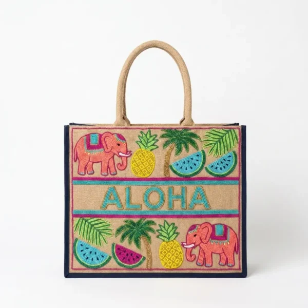 Tropical Hand Beaded ALOHA Tote Bag Tropical hand beaded tote bag with elephants, pineapples, watermelon and ALOHA lettering