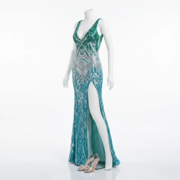 Turquoise Geometric Beaded Stage Performance Gown Beaded Stage Performance Gown Manufacturer & Exporter
