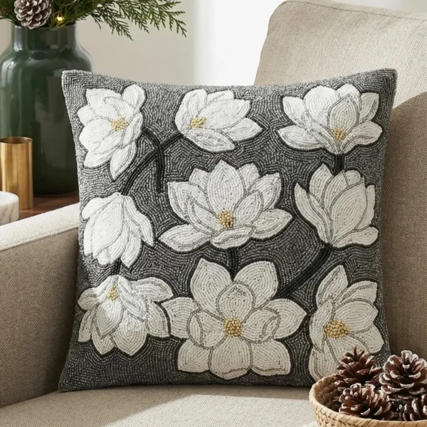 White Floral Hand Beaded Pillow White floral hand beaded pillow with dimensional flower motifs on a dark beaded background