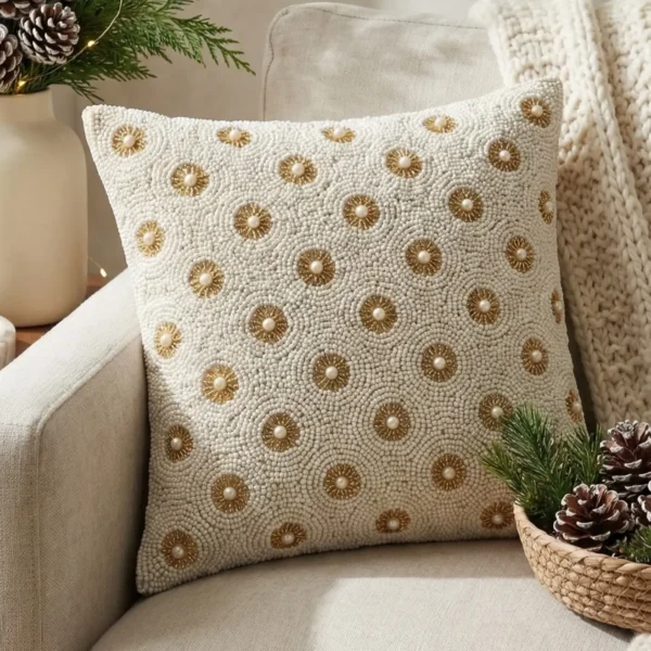 White & Gold Pearl Hand Beaded Pillow White hand beaded pillow with gold circular motifs and pearl accents