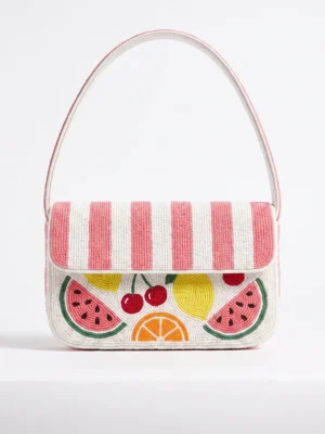 White hand beaded shoulder bag with colorful watermelon, cherry, lemon and orange motifs