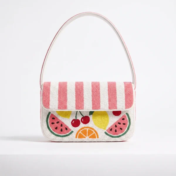 White Hand Beaded Shoulder Bag with Colorful Fruit Motifs White hand beaded shoulder bag with colorful watermelon, cherry, lemon and orange motifs