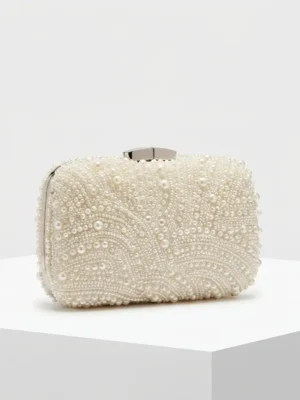 Ivory pearl beaded clutch bag with hand beaded swirl pattern
